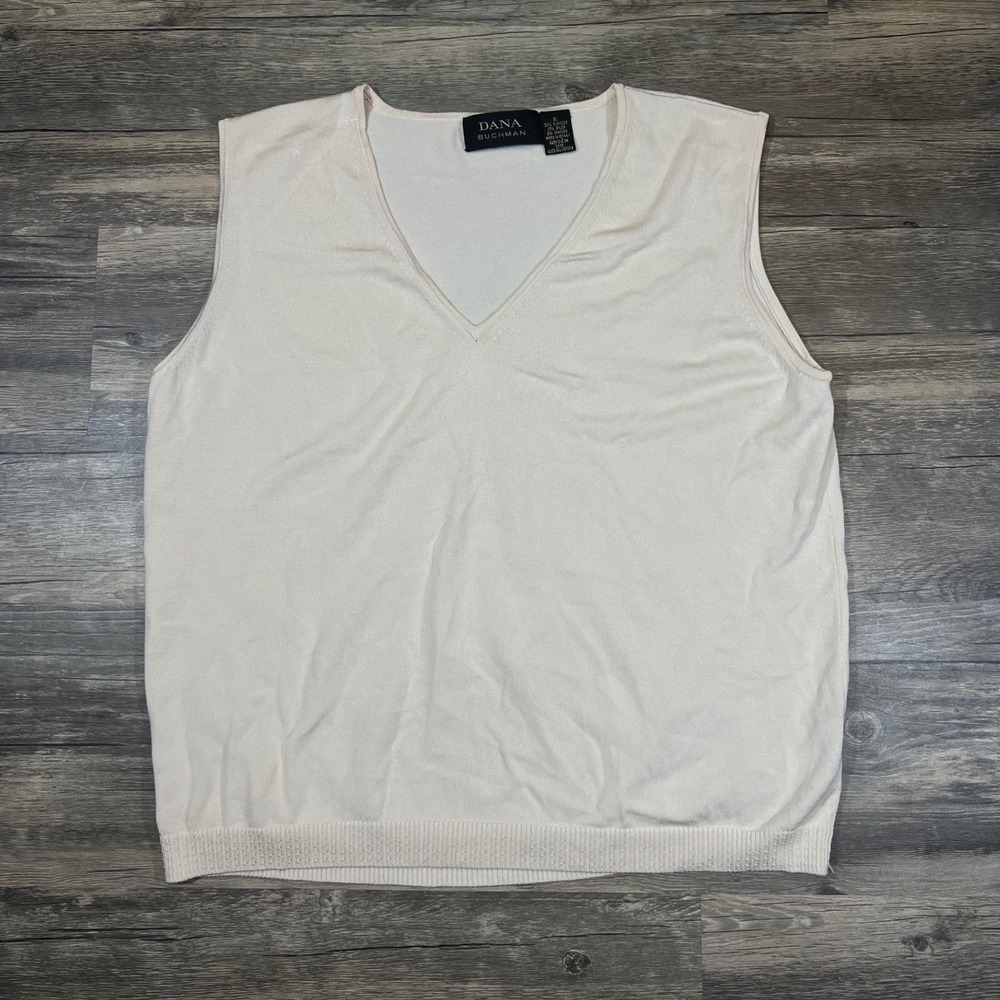 Dana‎ Buchman 80% Silk Ivory V-Neck Sweater Vest Women's XL Quiet Luxury Knit